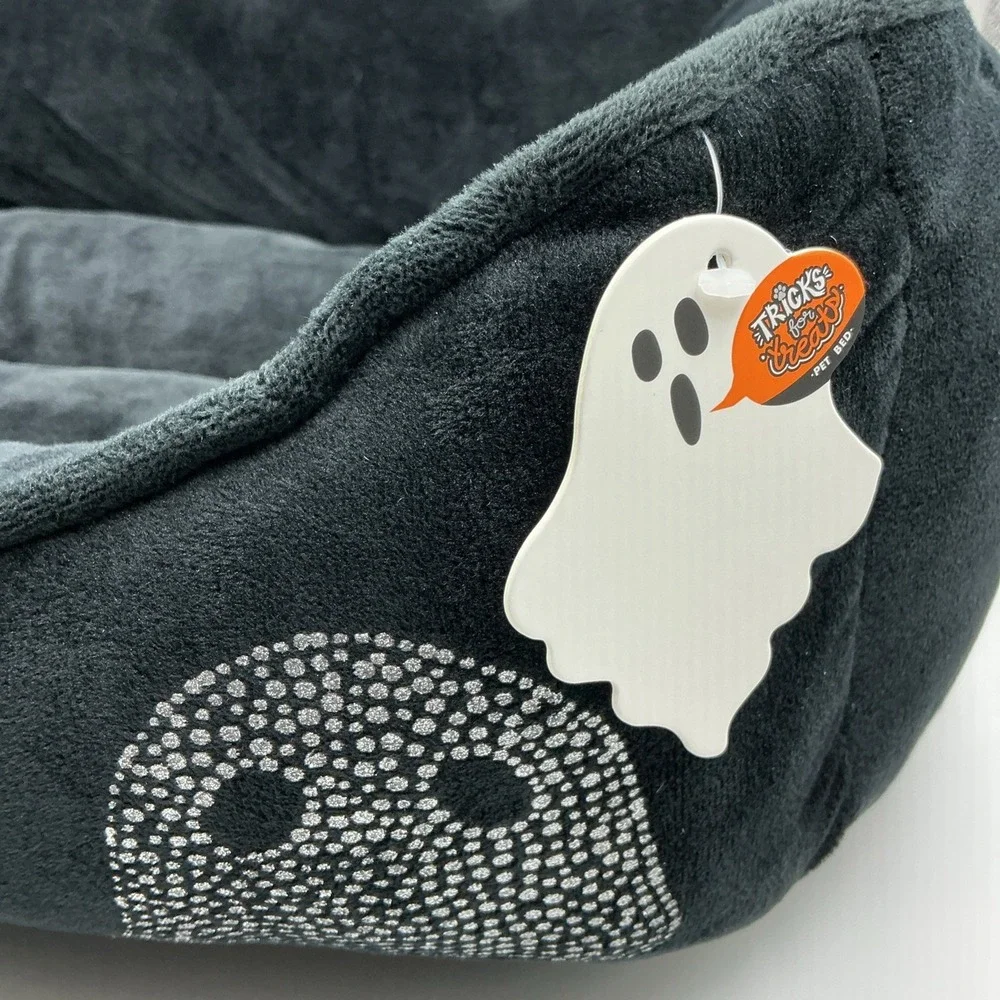 Tricks For Treats Pet Bed Black Velour Silver Ghosts Halloween Gothic 20x16x7